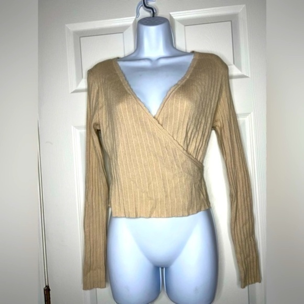 Lush Tan Ribbed V-Neck Wrap Sweater